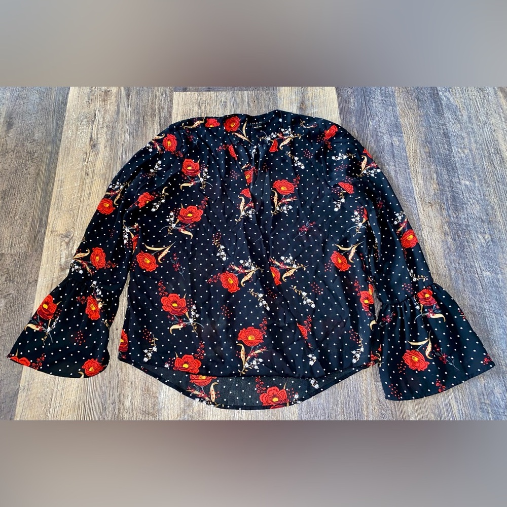 IMAN Black Blouse with Red Rose Floral & White Dot Print